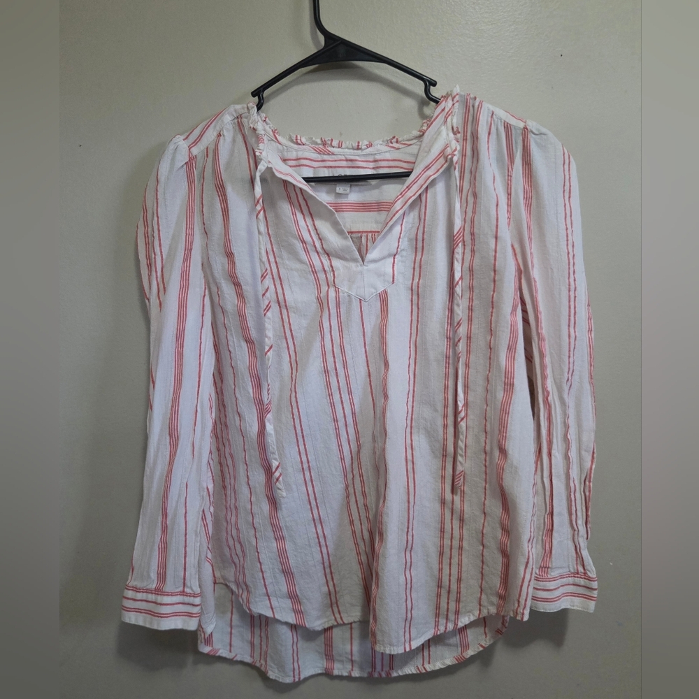 LOFT Women's 100% Cotton Size Small Long Sleeve Top, Cream color with red stripe